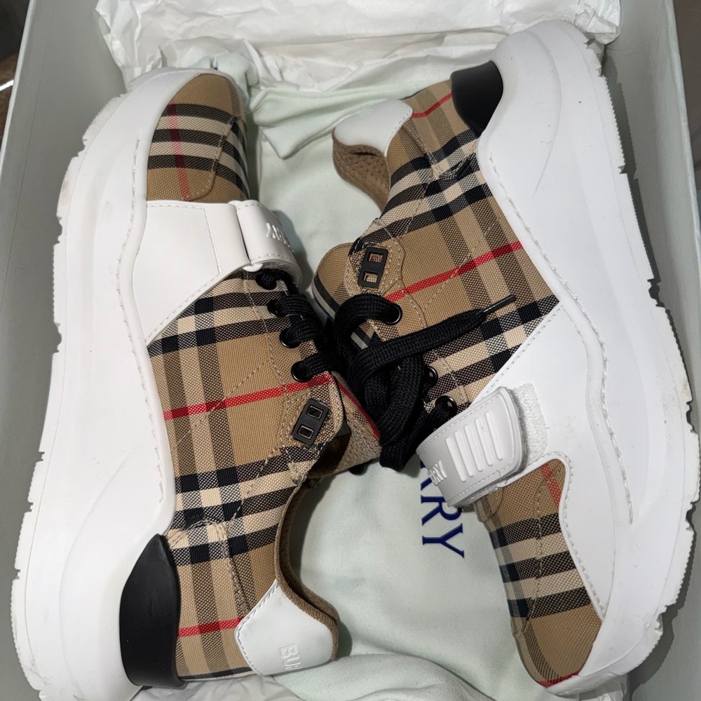 Burberry Beige Vintage Check Low-Top Sneakers with White Panels